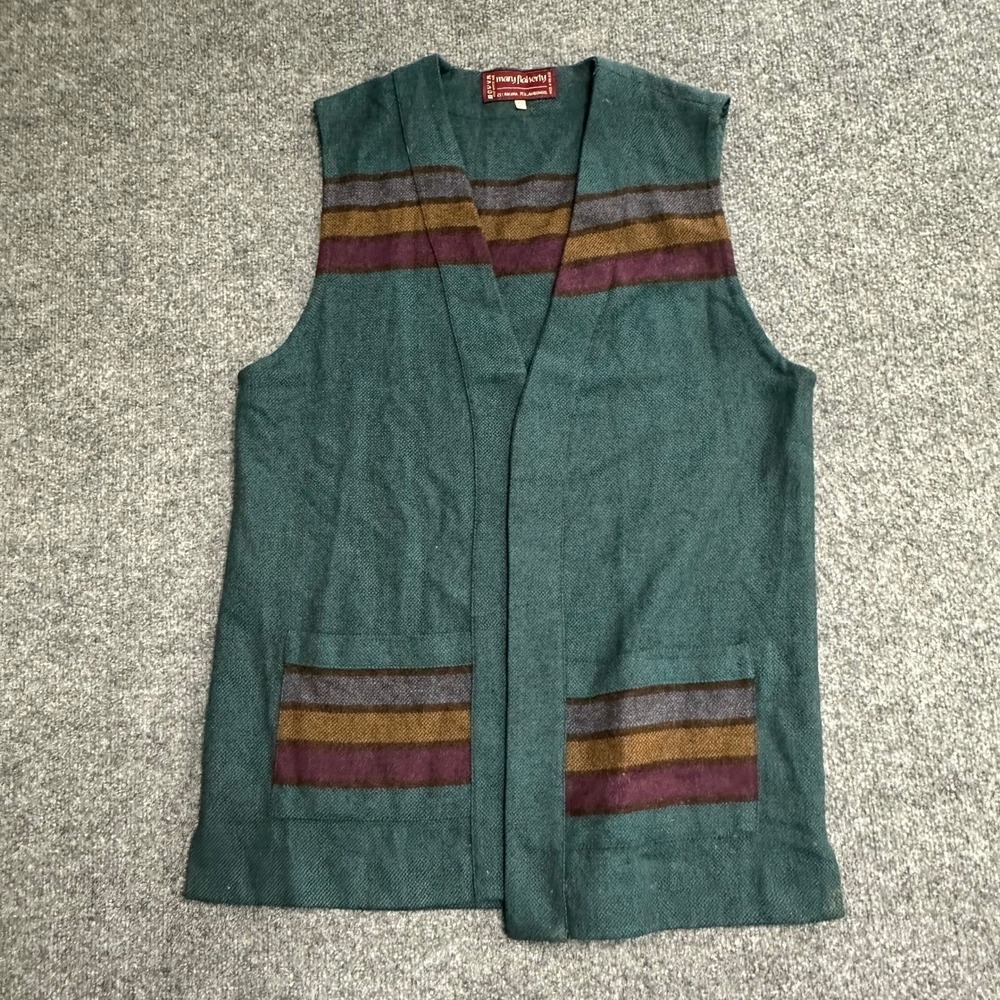 Mary Flaherty Vest Womens Size M Lambswool Angora Teal Green Striped Ireland Rip
